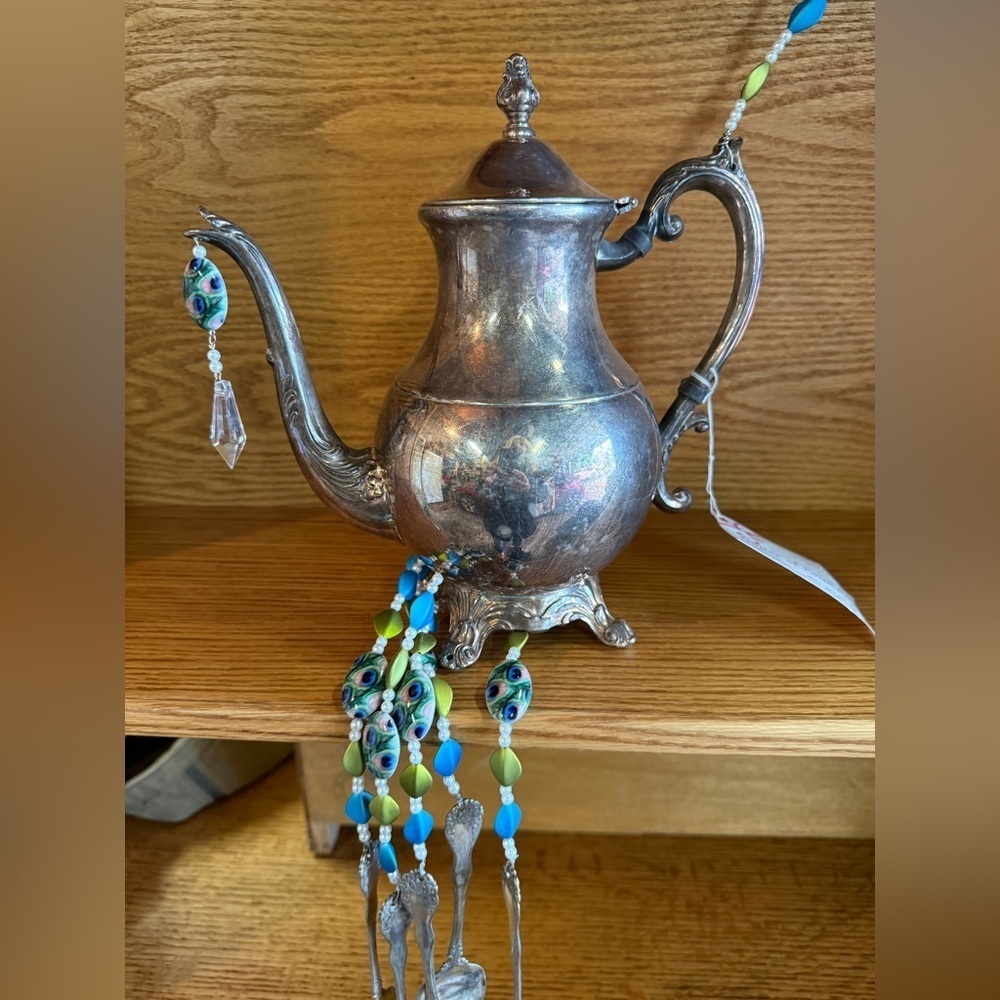 Vintage Silver Teapot Wind chime with Beaded Decor and Vintage Spoons